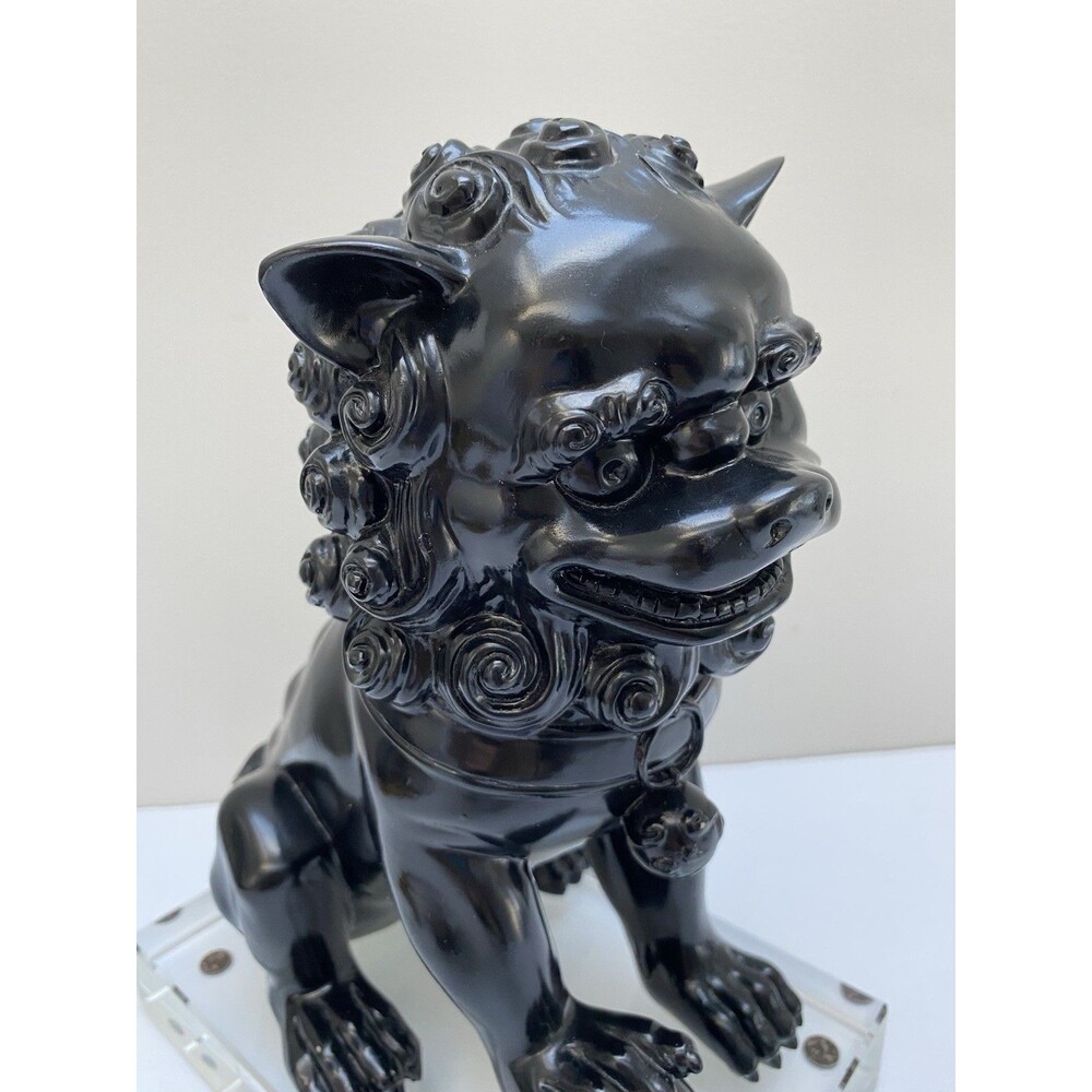 Modern Black Heavy Ceramic Chinese Foo Dog on Large Lucite Base Statue / Bookend - Picture 6 of 10